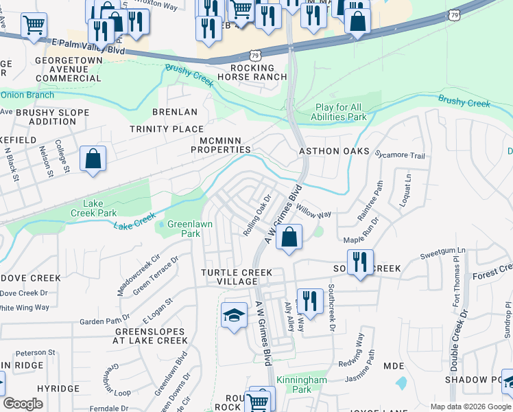map of restaurants, bars, coffee shops, grocery stores, and more near 517 Freeland Path in Round Rock