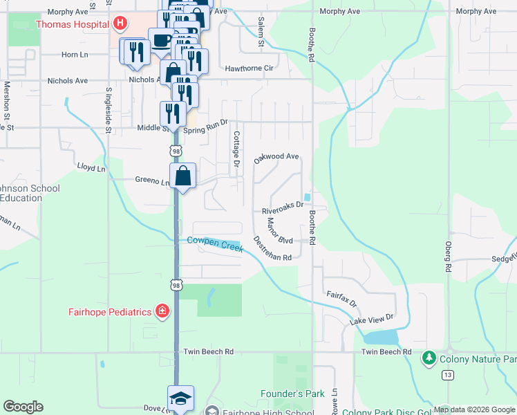 map of restaurants, bars, coffee shops, grocery stores, and more near 205 Driftwood Avenue in Fairhope