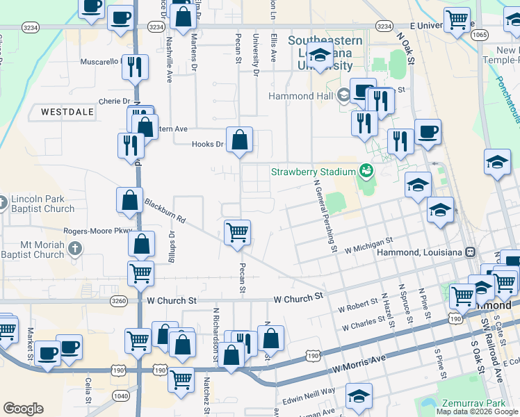 map of restaurants, bars, coffee shops, grocery stores, and more near 700 Pecan Street in Hammond