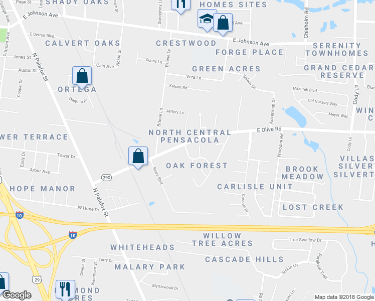 map of restaurants, bars, coffee shops, grocery stores, and more near 7820 Oak Forest Drive in Pensacola