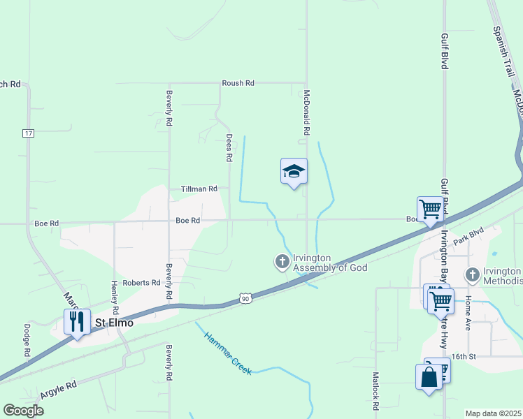 map of restaurants, bars, coffee shops, grocery stores, and more near 8600 Boe Road in Irvington