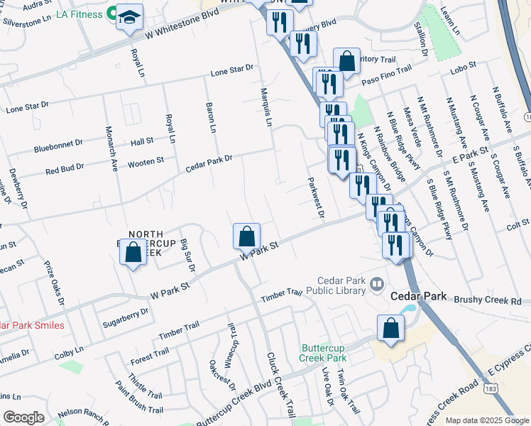 map of restaurants, bars, coffee shops, grocery stores, and more near 603 West Park Street in Cedar Park