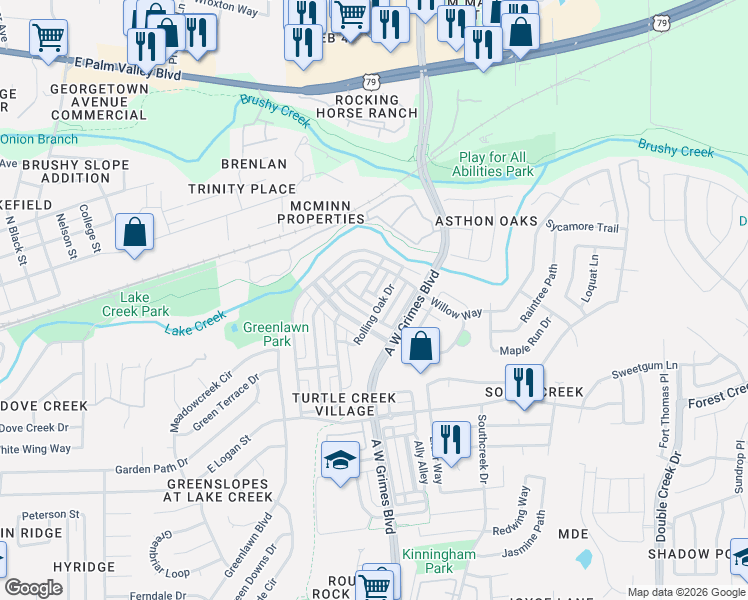 map of restaurants, bars, coffee shops, grocery stores, and more near 517 Freeland Path in Round Rock