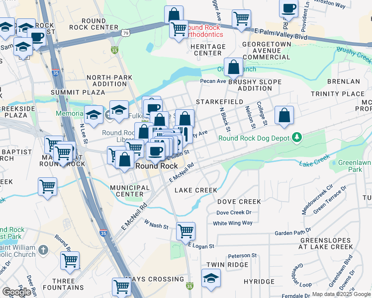 map of restaurants, bars, coffee shops, grocery stores, and more near 301 East Liberty Avenue in Round Rock