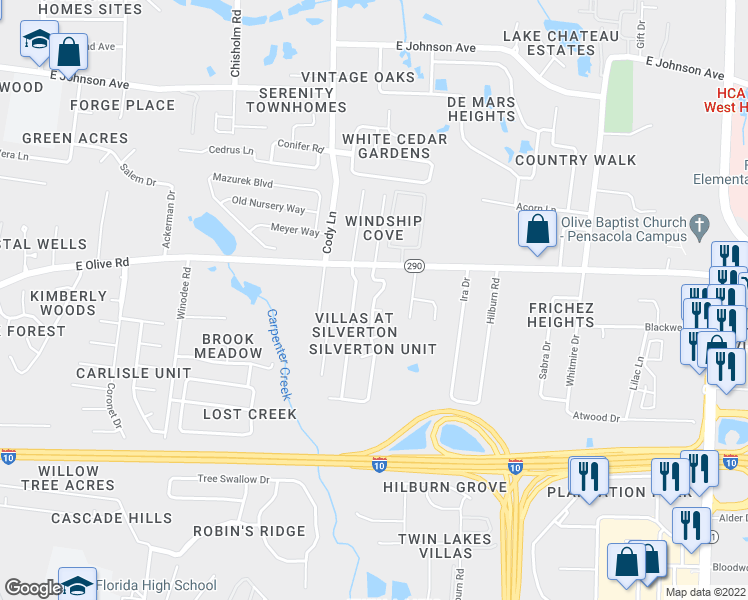 map of restaurants, bars, coffee shops, grocery stores, and more near 8010 Heirloom Drive in Pensacola