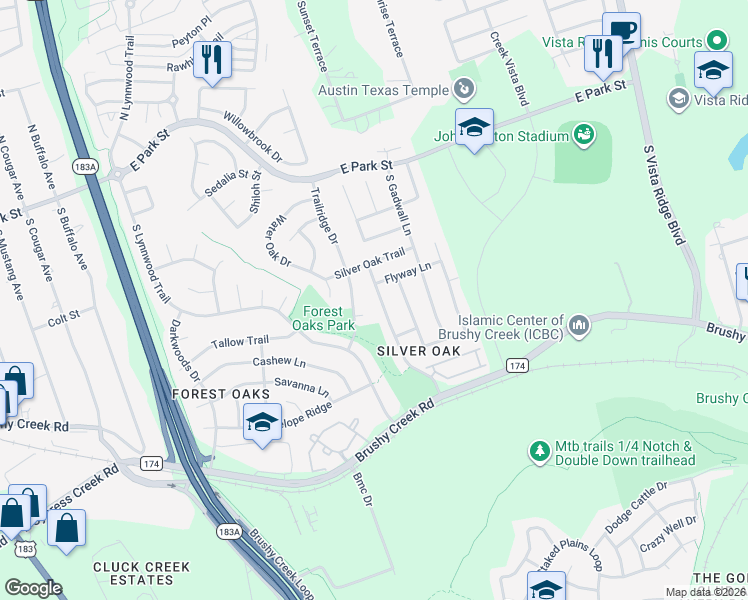 map of restaurants, bars, coffee shops, grocery stores, and more near 404 Trailridge Drive in Cedar Park