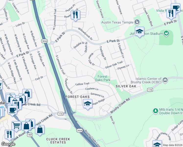 map of restaurants, bars, coffee shops, grocery stores, and more near 1108 Camden Cove in Cedar Park