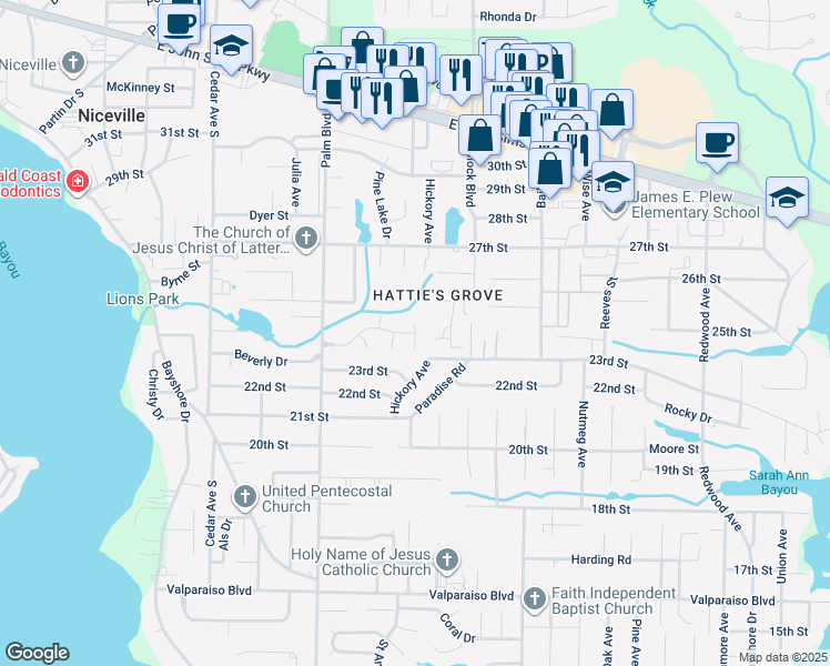 map of restaurants, bars, coffee shops, grocery stores, and more near 398 Fairwood Drive in Niceville