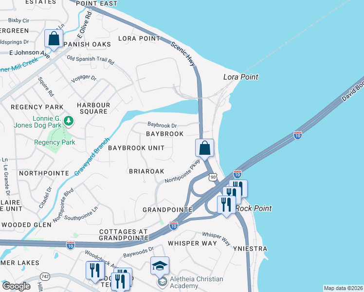 map of restaurants, bars, coffee shops, grocery stores, and more near 7628 Brook Forest Drive in Pensacola