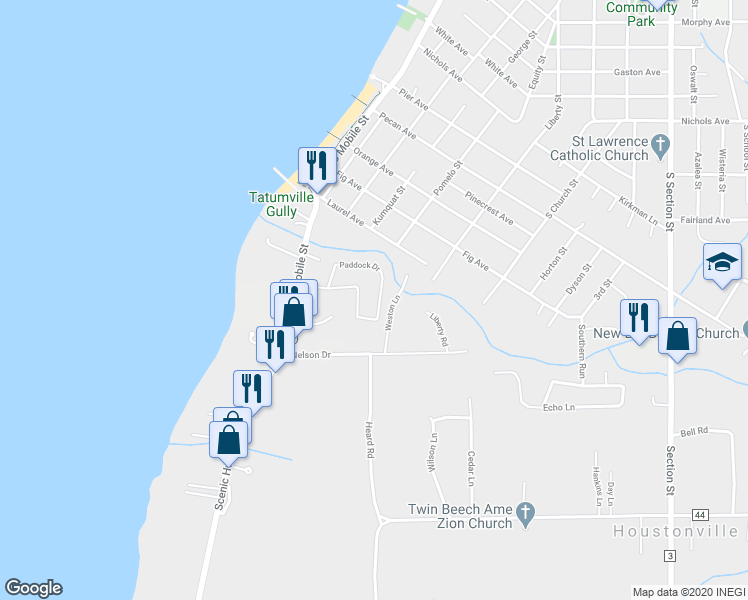 map of restaurants, bars, coffee shops, grocery stores, and more near 77 Paddock Drive in Fairhope