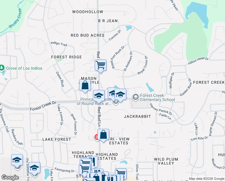 map of restaurants, bars, coffee shops, grocery stores, and more near 3300 Forest Creek Drive in Round Rock