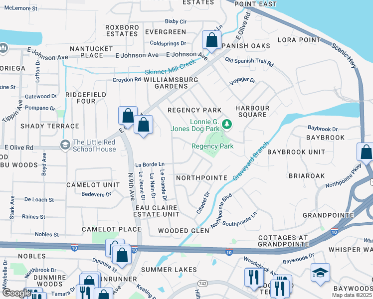 map of restaurants, bars, coffee shops, grocery stores, and more near 4417 Eastpointe Drive in Pensacola