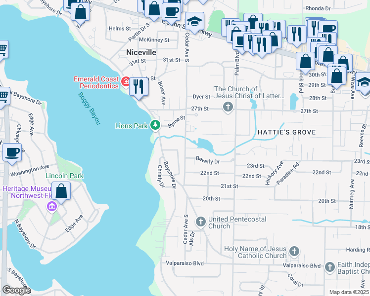 map of restaurants, bars, coffee shops, grocery stores, and more near Cedar Avenue South in Niceville