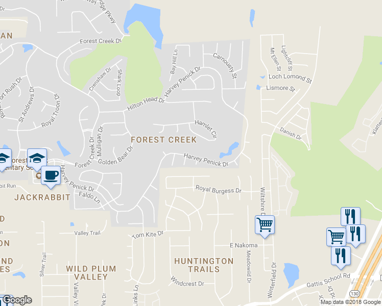 map of restaurants, bars, coffee shops, grocery stores, and more near 3820 Harvey Penick Drive in Round Rock