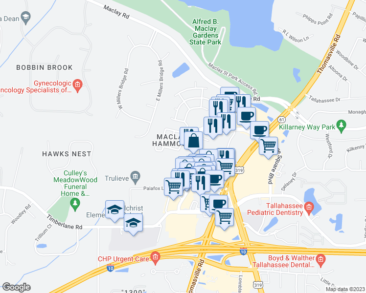map of restaurants, bars, coffee shops, grocery stores, and more near 1140 Mosswood Chase in Tallahassee
