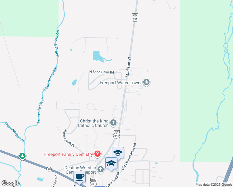 map of restaurants, bars, coffee shops, grocery stores, and more near 15284 U.S. 331 Bus in Freeport