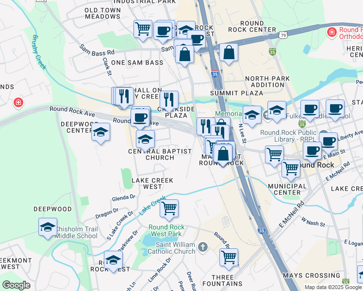 map of restaurants, bars, coffee shops, grocery stores, and more near 310 Chisholm Trail Road in Round Rock