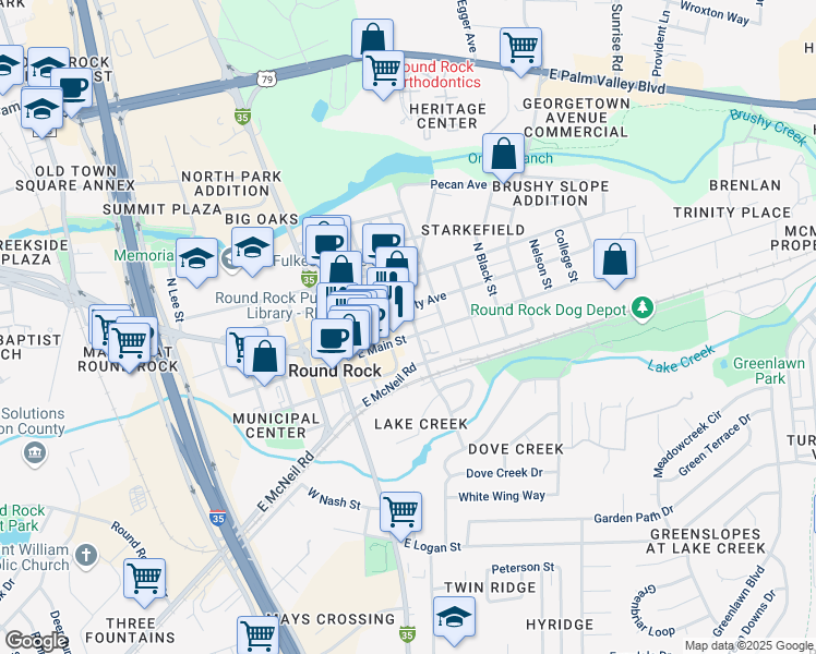map of restaurants, bars, coffee shops, grocery stores, and more near 402 East Main Street in Round Rock