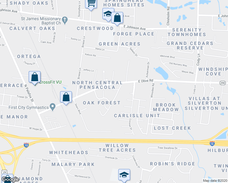 map of restaurants, bars, coffee shops, grocery stores, and more near 405 Deborah Lane in Pensacola