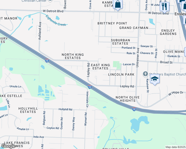 map of restaurants, bars, coffee shops, grocery stores, and more near 1609 Unity Court in Pensacola