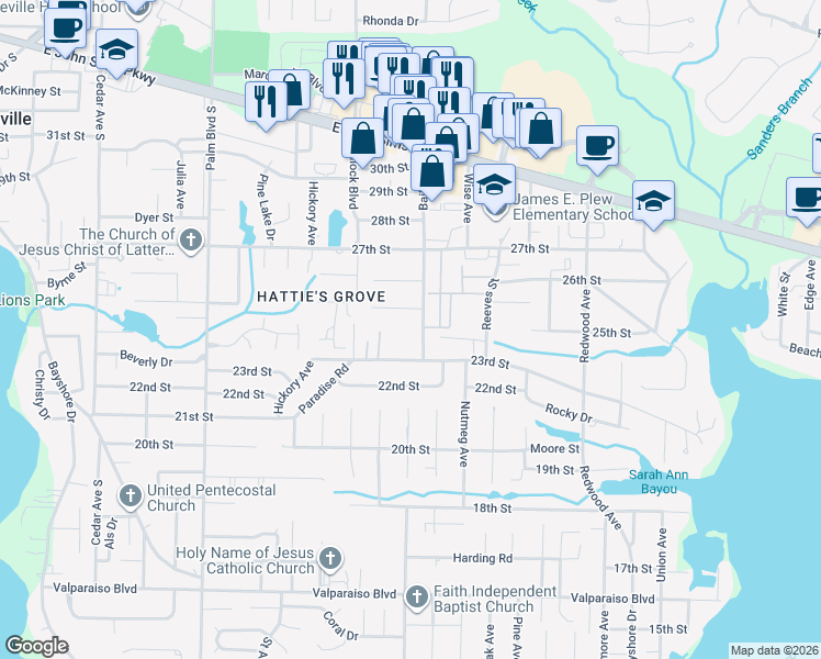 map of restaurants, bars, coffee shops, grocery stores, and more near 630 Bailey Drive in Niceville