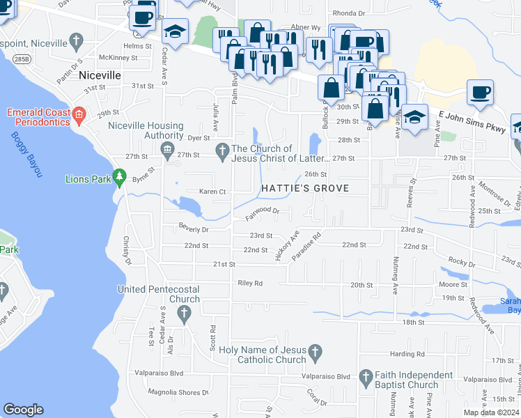 map of restaurants, bars, coffee shops, grocery stores, and more near Fairwood Drive in Niceville