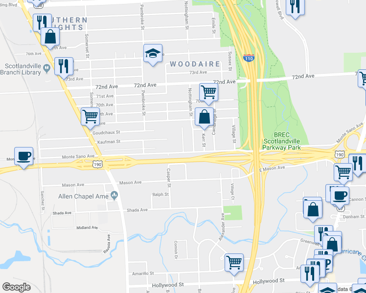 map of restaurants, bars, coffee shops, grocery stores, and more near 6547 North Bourgeois Drive in Baton Rouge