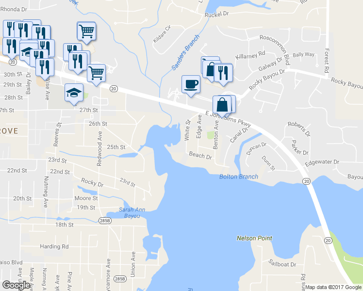 map of restaurants, bars, coffee shops, grocery stores, and more near 210 White Street in Niceville