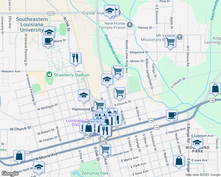 map of restaurants, bars, coffee shops, grocery stores, and more near 303 East Michigan Street in Hammond