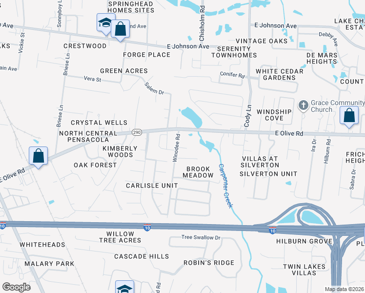 map of restaurants, bars, coffee shops, grocery stores, and more near 8050 Winodee Road in Pensacola