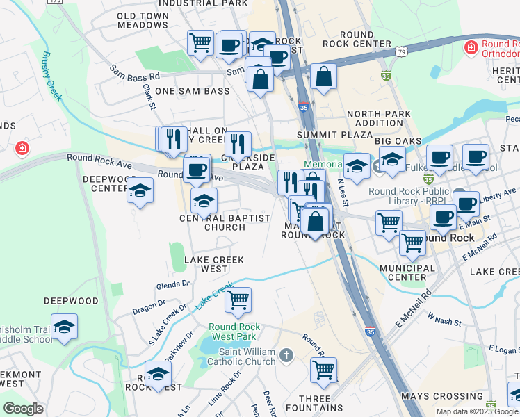 map of restaurants, bars, coffee shops, grocery stores, and more near 310 Chisholm Trail Road in Round Rock