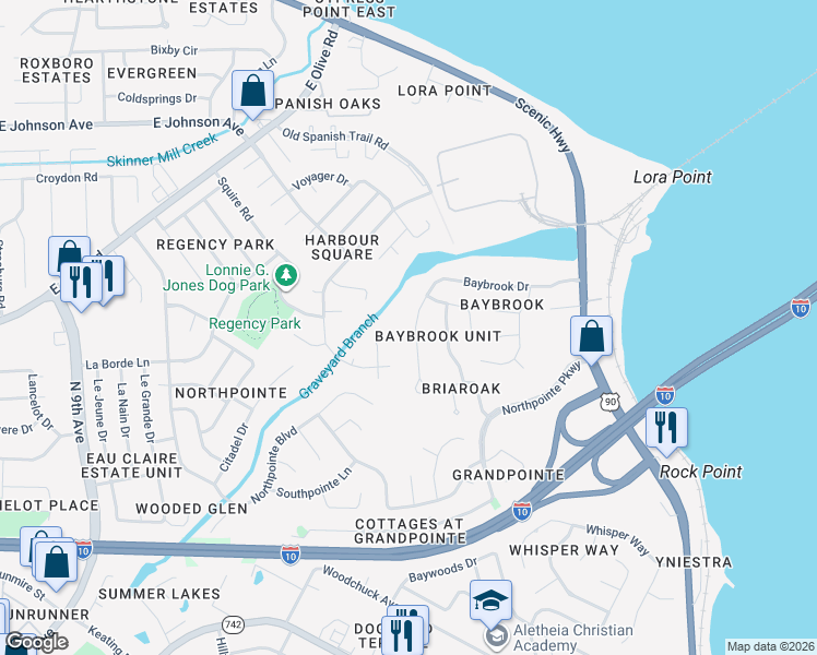 map of restaurants, bars, coffee shops, grocery stores, and more near 4548 Baybrook Drive in Pensacola