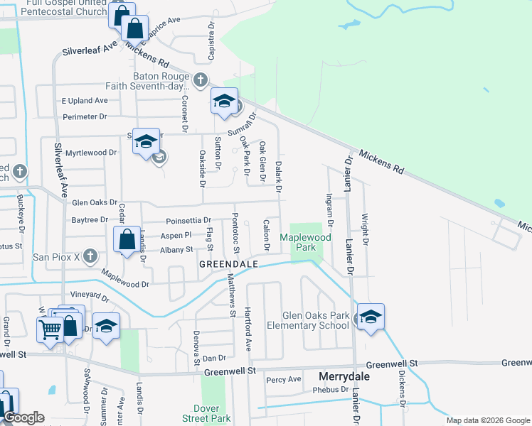 map of restaurants, bars, coffee shops, grocery stores, and more near 7829 East Poinsettia Drive in Baton Rouge