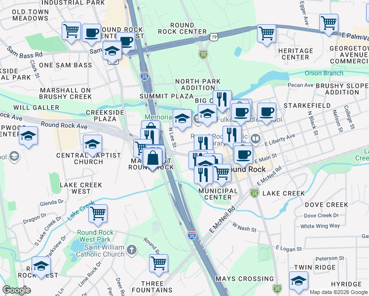 map of restaurants, bars, coffee shops, grocery stores, and more near 500 Round Rock Avenue in Round Rock