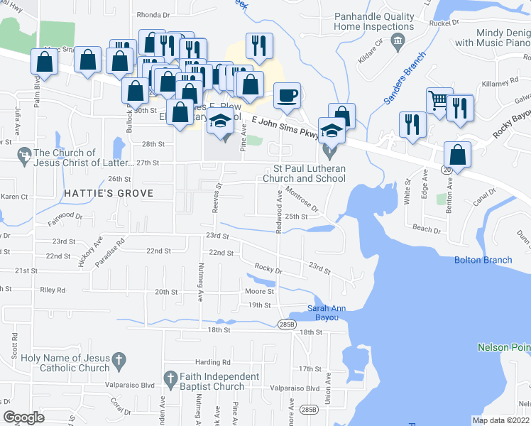 map of restaurants, bars, coffee shops, grocery stores, and more near 1621 25th Street in Niceville