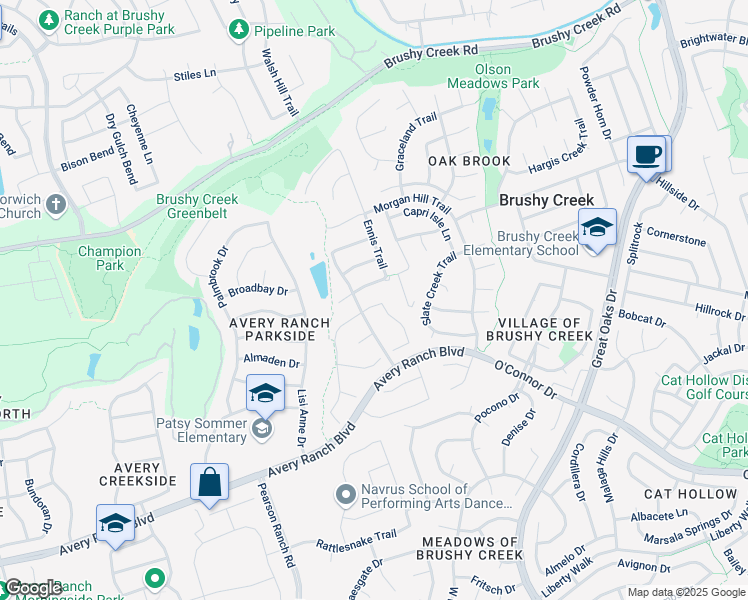 map of restaurants, bars, coffee shops, grocery stores, and more near 16612 Brayton Park Drive in Austin