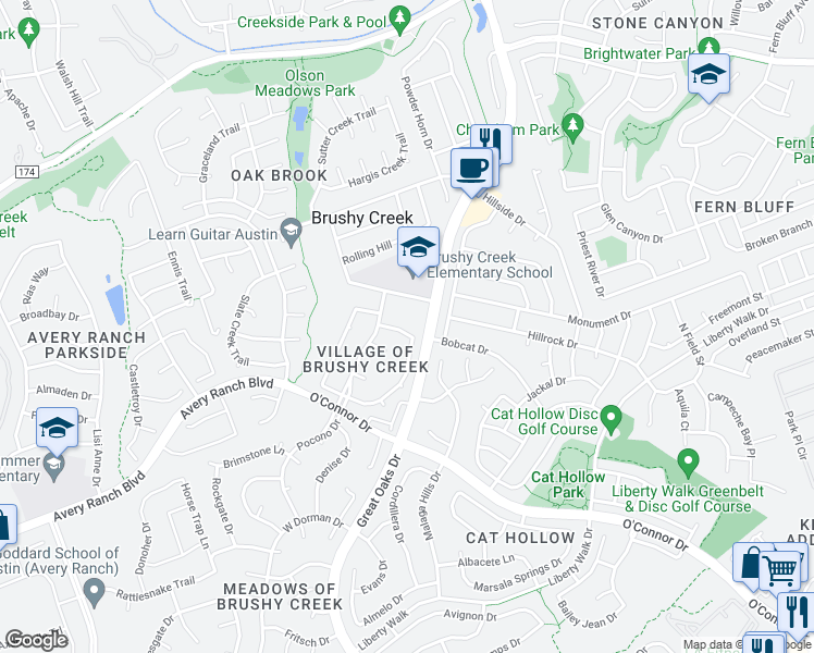 map of restaurants, bars, coffee shops, grocery stores, and more near 16919 Whitebrush Loop in Austin