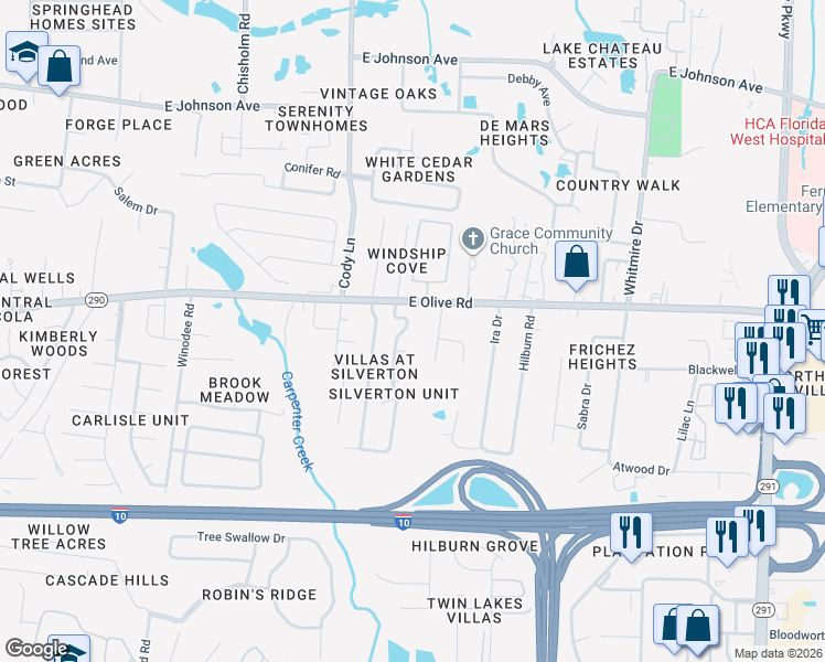 map of restaurants, bars, coffee shops, grocery stores, and more near 8030 Heirloom Drive in Pensacola