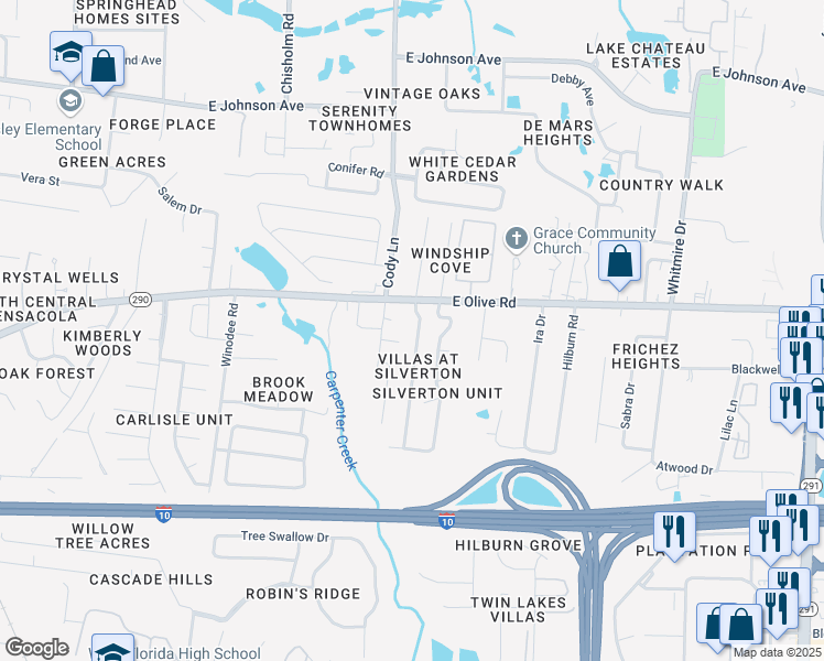 map of restaurants, bars, coffee shops, grocery stores, and more near 8053 Stonebrook Drive in Pensacola