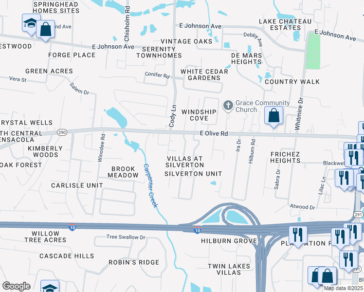 map of restaurants, bars, coffee shops, grocery stores, and more near 8061 Stonebrook Drive in Pensacola