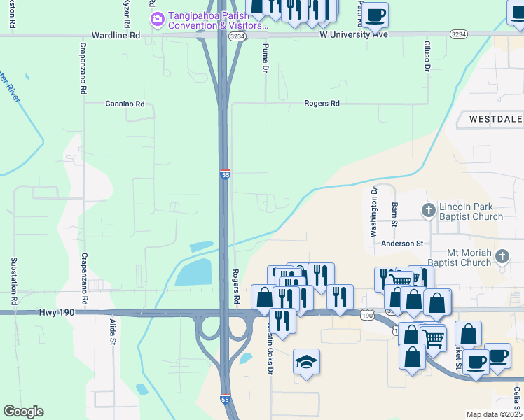 map of restaurants, bars, coffee shops, grocery stores, and more near 45186 Rogers Road in Hammond