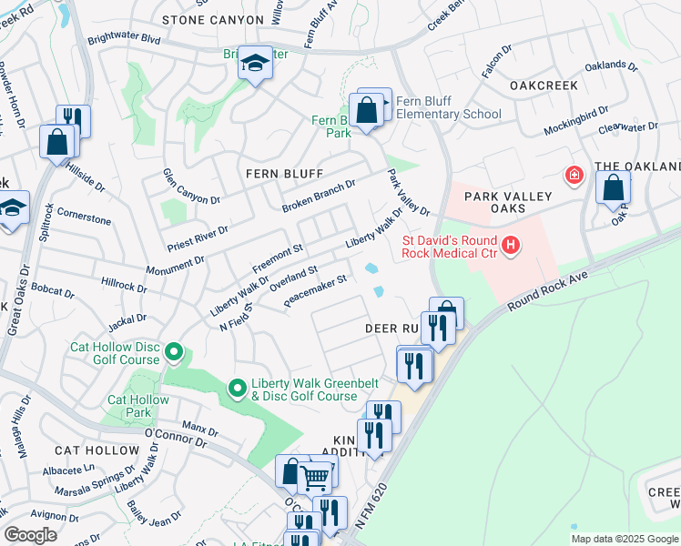 map of restaurants, bars, coffee shops, grocery stores, and more near 2984 Peacemaker Street in Round Rock