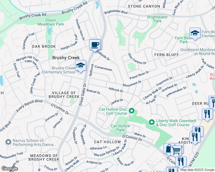 map of restaurants, bars, coffee shops, grocery stores, and more near 3602 Hillrock Drive in Round Rock