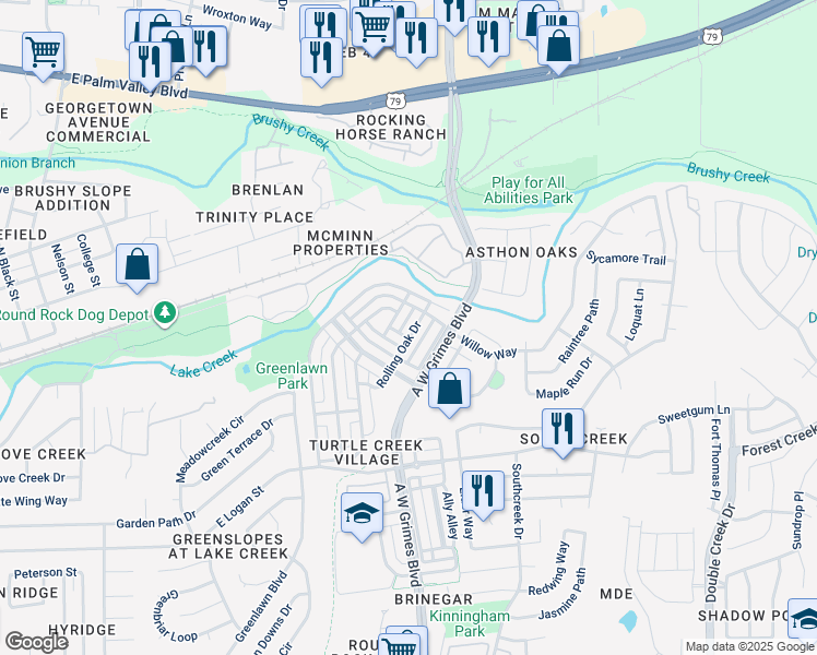 map of restaurants, bars, coffee shops, grocery stores, and more near 516 Rolling Oak Drive in Round Rock