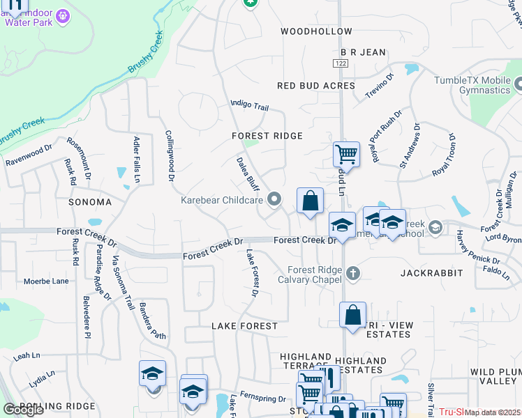 map of restaurants, bars, coffee shops, grocery stores, and more near 3100 Oak Branch Place in Round Rock