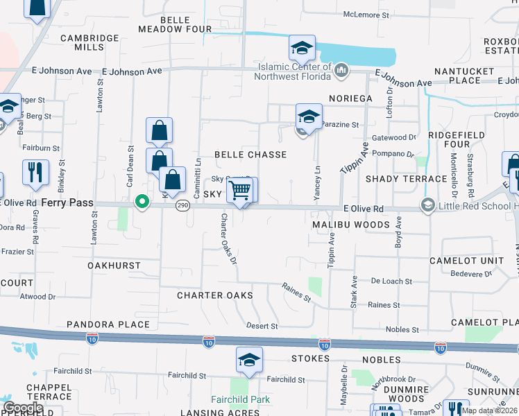 map of restaurants, bars, coffee shops, grocery stores, and more near 3072 East Olive Road in Pensacola