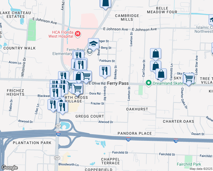 map of restaurants, bars, coffee shops, grocery stores, and more near 8045-8099 Graves Road in Pensacola
