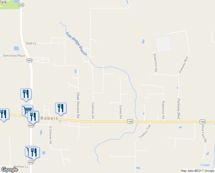 map of restaurants, bars, coffee shops, grocery stores, and more near Coleman Road in Robert