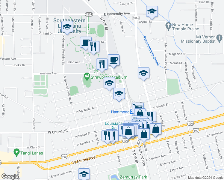 map of restaurants, bars, coffee shops, grocery stores, and more near 708 North Magnolia Street in Hammond