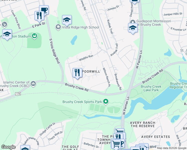 map of restaurants, bars, coffee shops, grocery stores, and more near 2402 Grandridge Trail in Cedar Park